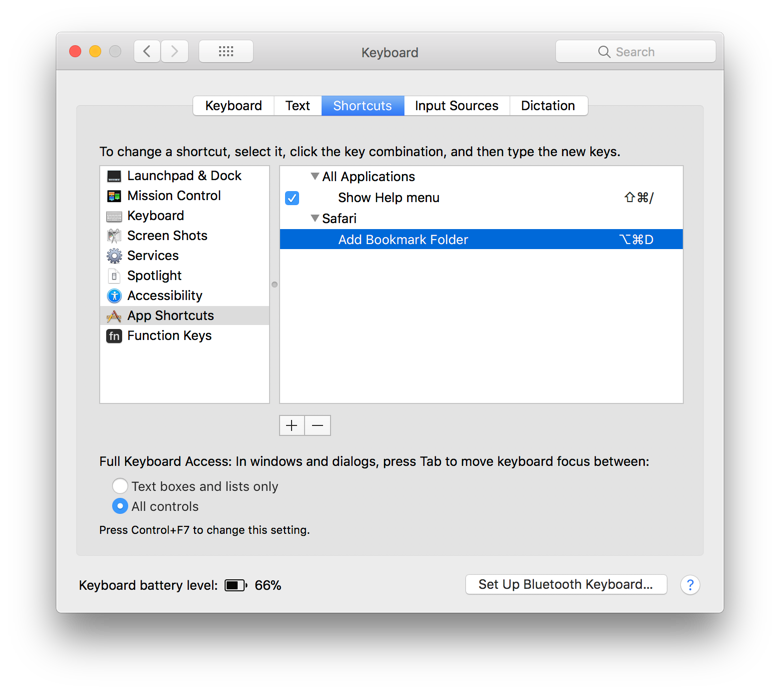 System Preferences > Keyboard > Shortcuts after having added a custom shortcut